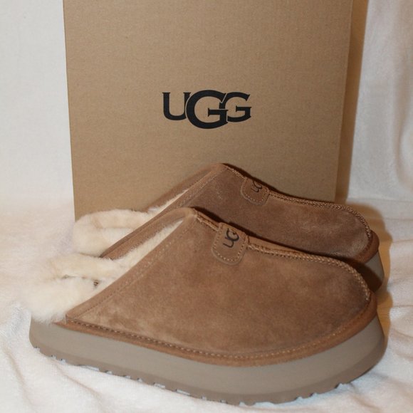 NIB UGG WOMEN'S DISCOQUETTE SUEDE SHEARLING SLIP ON SLIPPERS CHESTNUT - Picture 2 of 11
